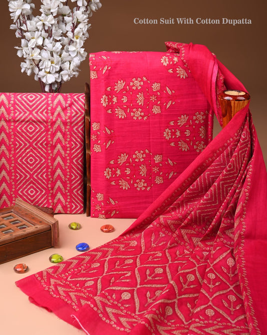 ELEGANT HAND BLOCK PRINT COTTON SUIT SET WITH MULMUL DUPATTA(WACOTMU83)