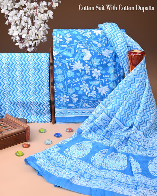 ELEGANT HAND BLOCK PRINT COTTON SUIT SET WITH MULMUL DUPATTA(WACOTMU84)