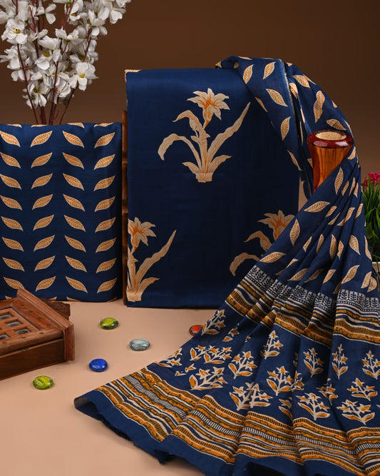 ELEGANT HAND BLOCK PRINT COTTON SUIT SET WITH MULMUL DUPATTA(WACOTMU97)