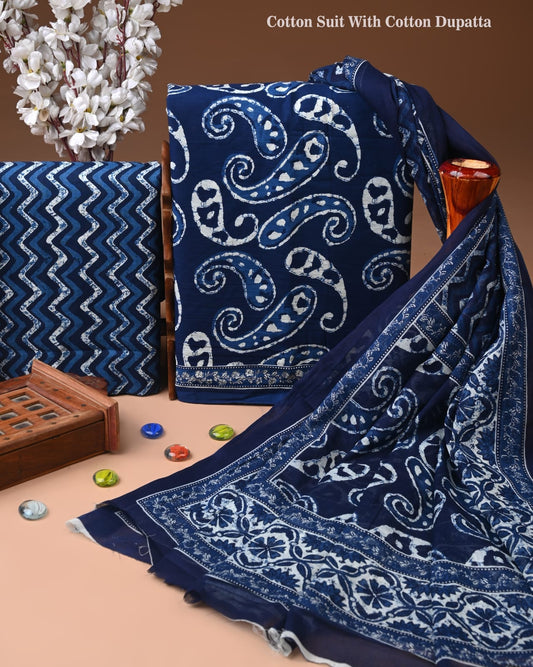 Designer Hand Block Print Cotton Suit Set with Mulmul Dupatta(WACOTMU98)
