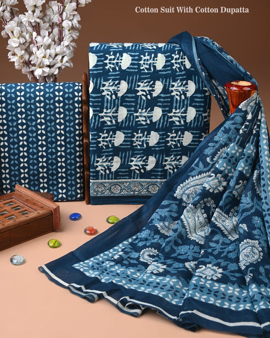 Designer Hand Block Print Cotton Suit Set with Mulmul Dupatta(WACOTMU106)