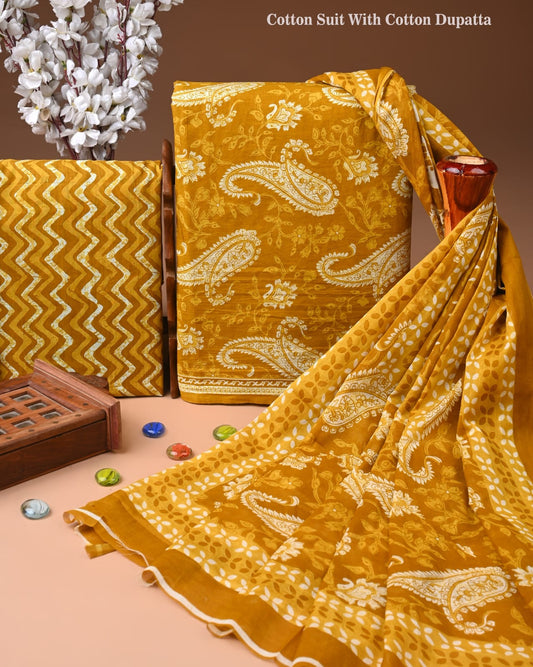 ELEGANT HAND BLOCK PRINT COTTON SUIT SET WITH MULMUL DUPATTA(WACOTMU104)