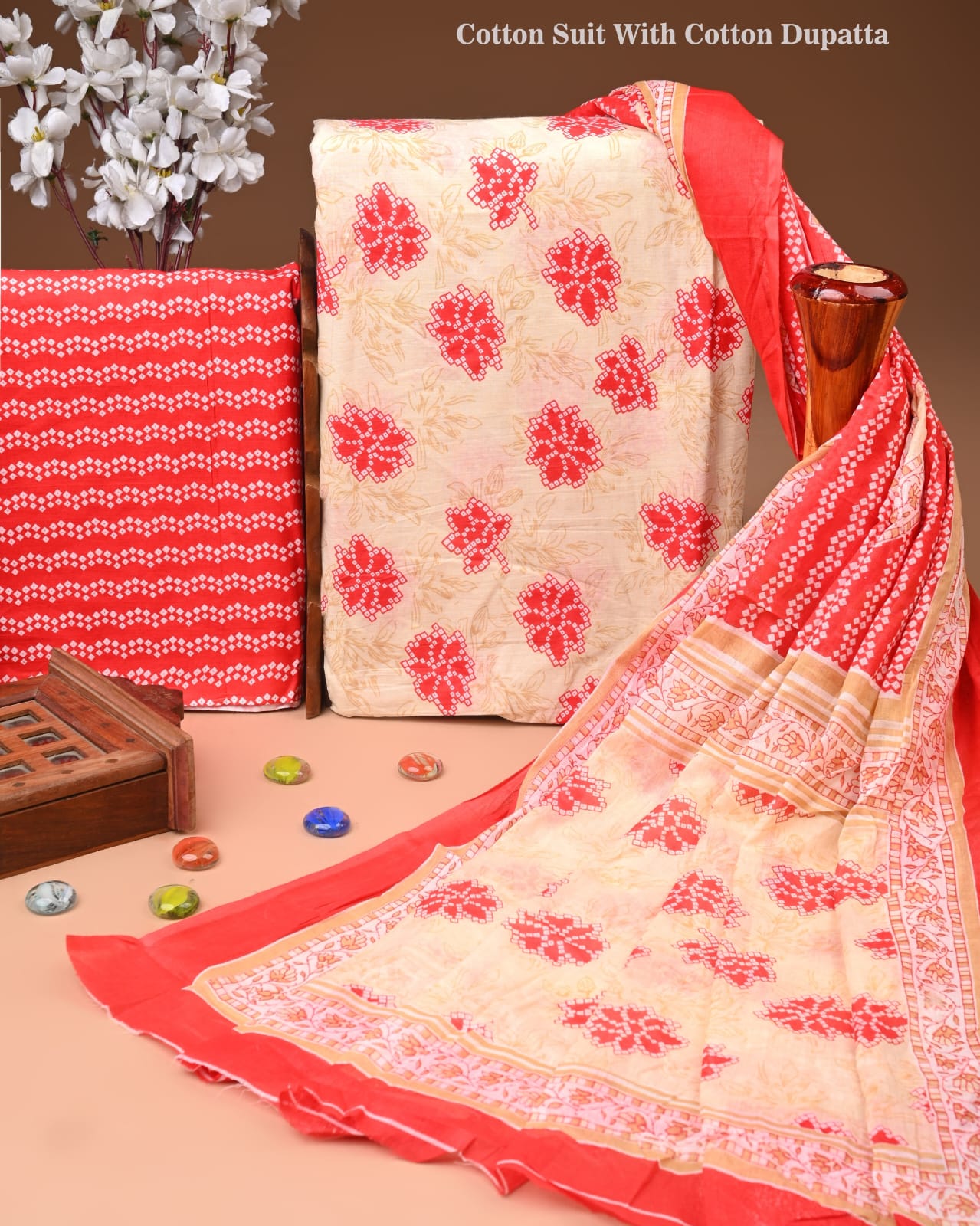 Designer Hand Block Print Cotton Suit Set with Mulmul Dupatta(WACOTMU105)