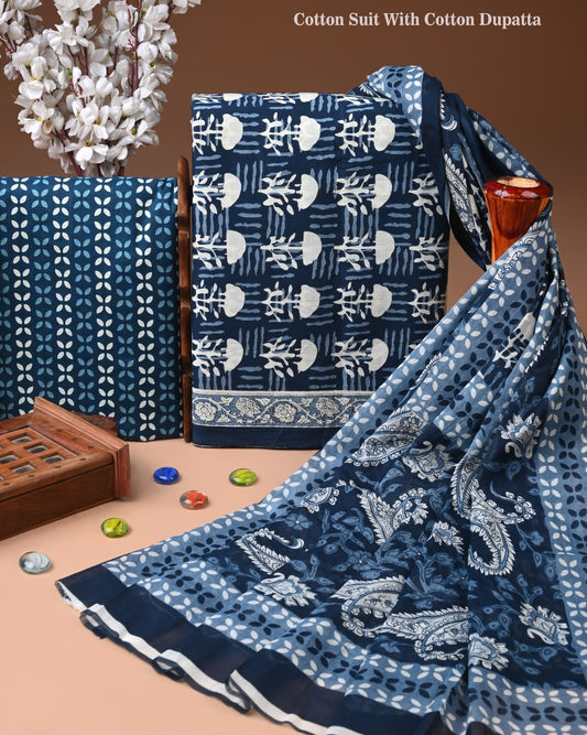 Designer Hand Block Print Cotton Suit Set with Mulmul Dupatta(WACOTMU108)