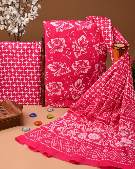 Designer Hand Block Print Cotton Suit Set with Mulmul Dupatta(WACOTMU109)