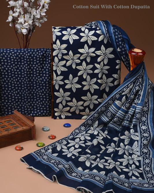Designer Hand Block Print Cotton Suit Set with Mulmul Dupatta(WACOTMU113)