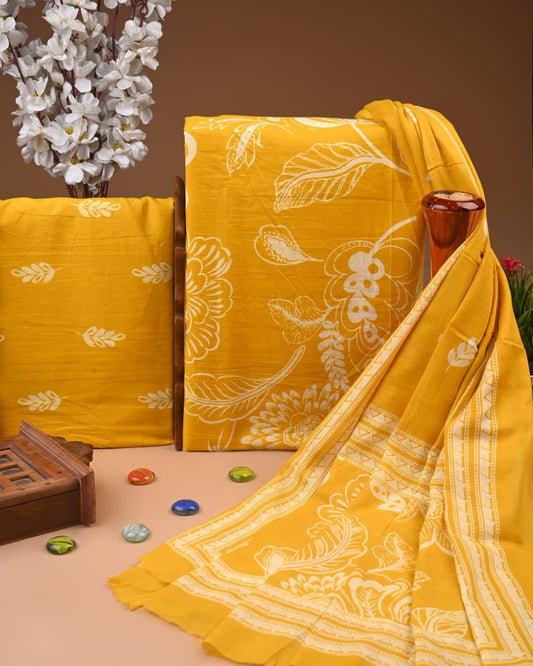Designer Hand Block Print Cotton Suit Set with Mulmul Dupatta(WACOTMU112)