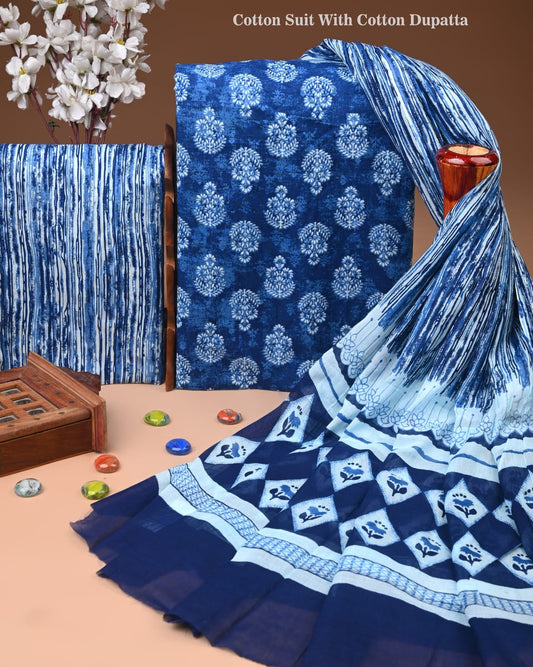 Designer Hand Block Print Cotton Suit Set with Mulmul Dupatta(WACOTMU121)