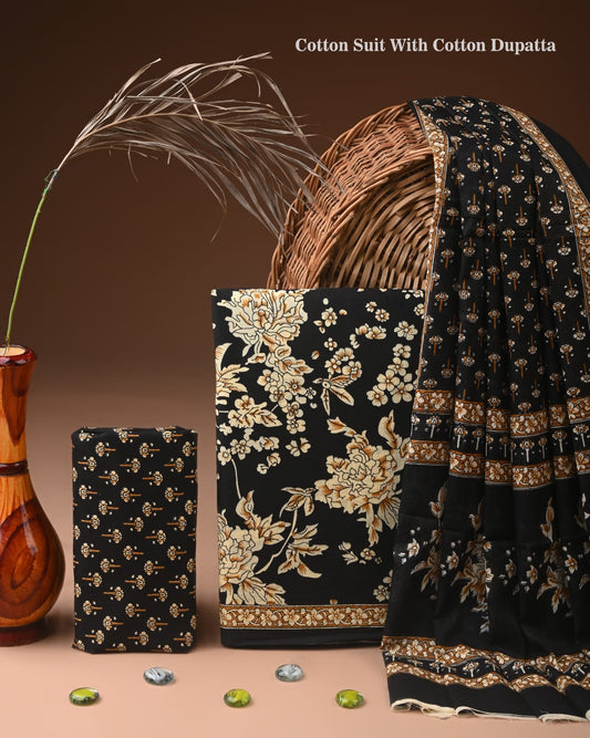 Designer Hand Block Print Cotton Suit Set with Mulmul Dupatta(WACOTMU122)