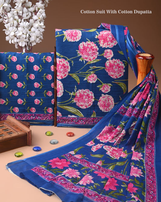 Designer Hand Block Print Cotton Suit Set with Mulmul Dupatta(WACOTMU123)