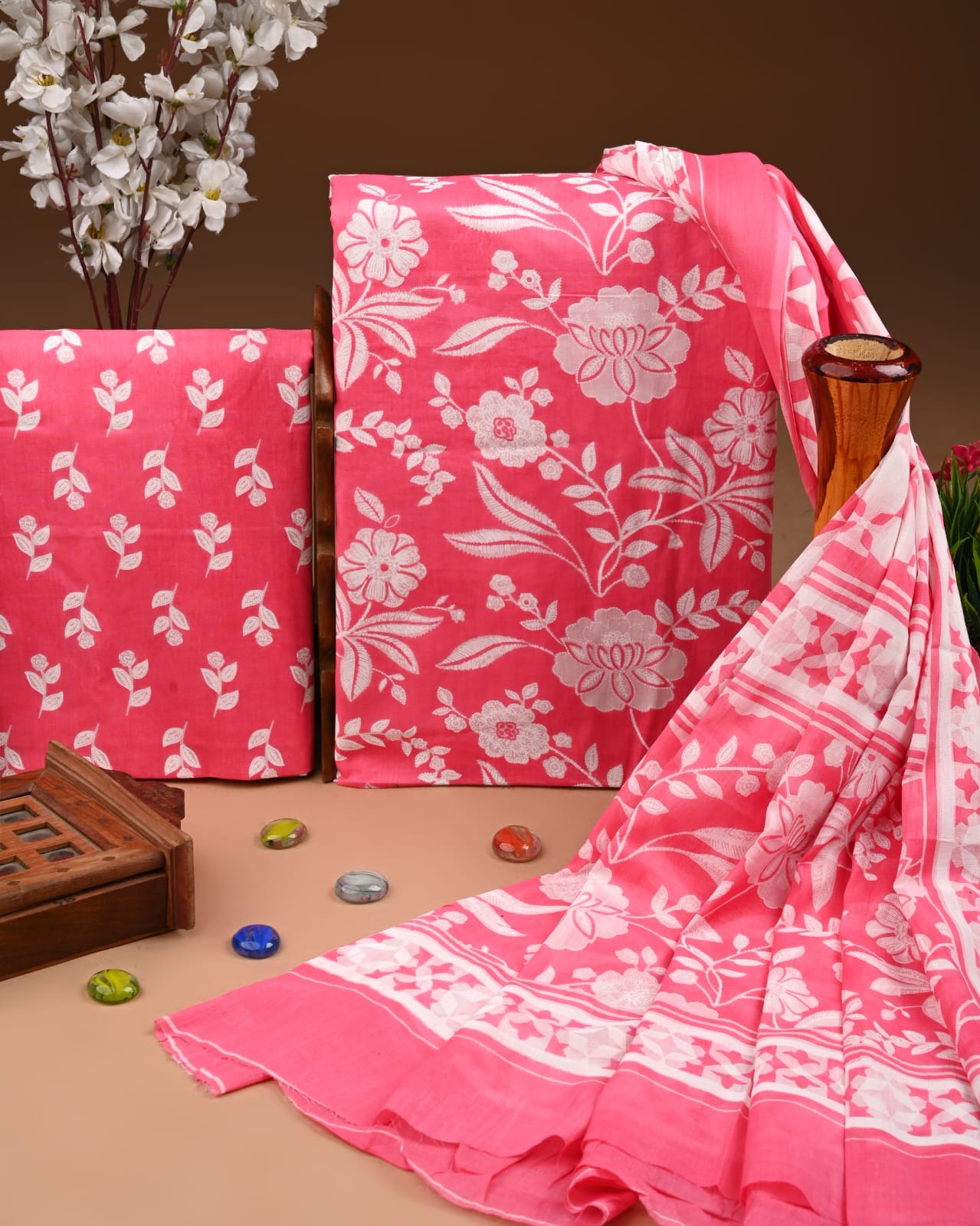 Designer Hand Block Print Cotton Suit Set with Mulmul Dupatta(WACOTMU127)