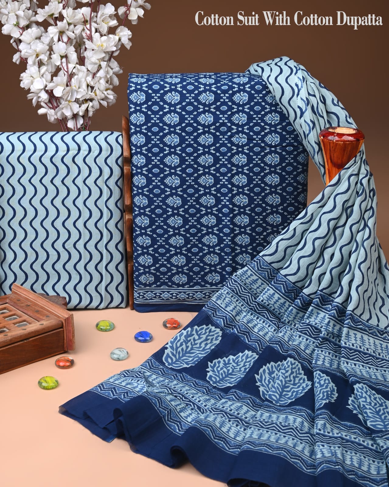 Designer Hand Block Print Cotton Suit Set with Mulmul Dupatta(WACOTMU125)