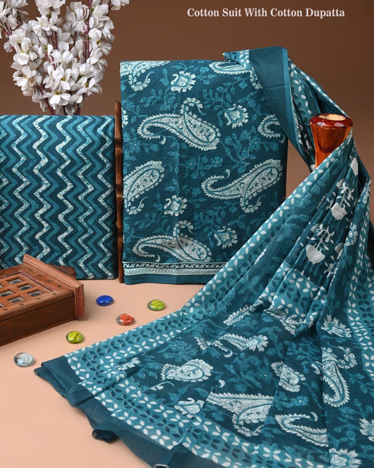 Designer Hand Block Print Cotton Suit Set with Mulmul Dupatta(WACOTMU135)