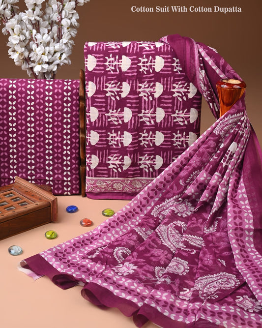 Designer Hand Block Print Cotton Suit Set with Mulmul Dupatta(WACOTMU133)
