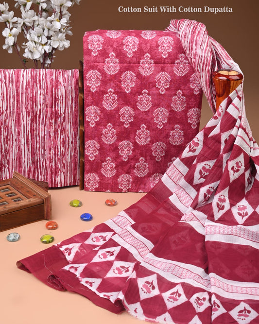 Designer Hand Block Print Cotton Suit Set with Mulmul Dupatta(WACOTMU134)