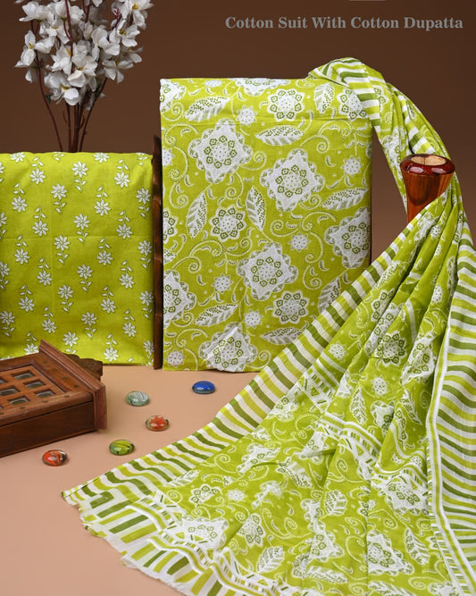 Designer Hand Block Print Cotton Suit Set with Mulmul Dupatta(WACOTMU138)