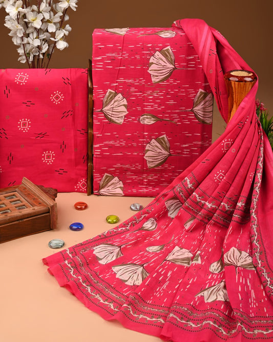 Designer Hand Block Print Cotton Suit Set with Mulmul Dupatta(WACOTMU137)