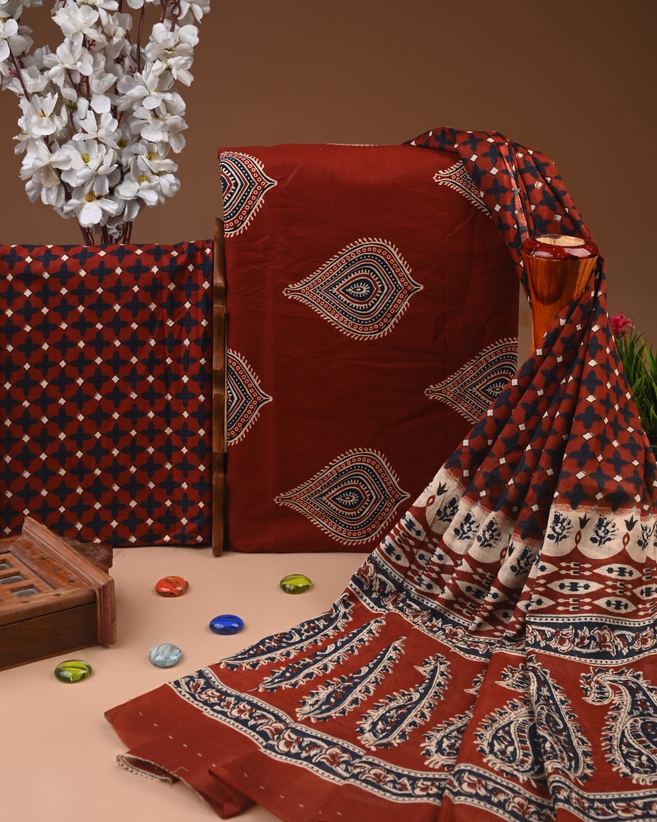 Designer Hand Block Print Cotton Suit Set with Mulmul Dupatta(WACOTMU139)