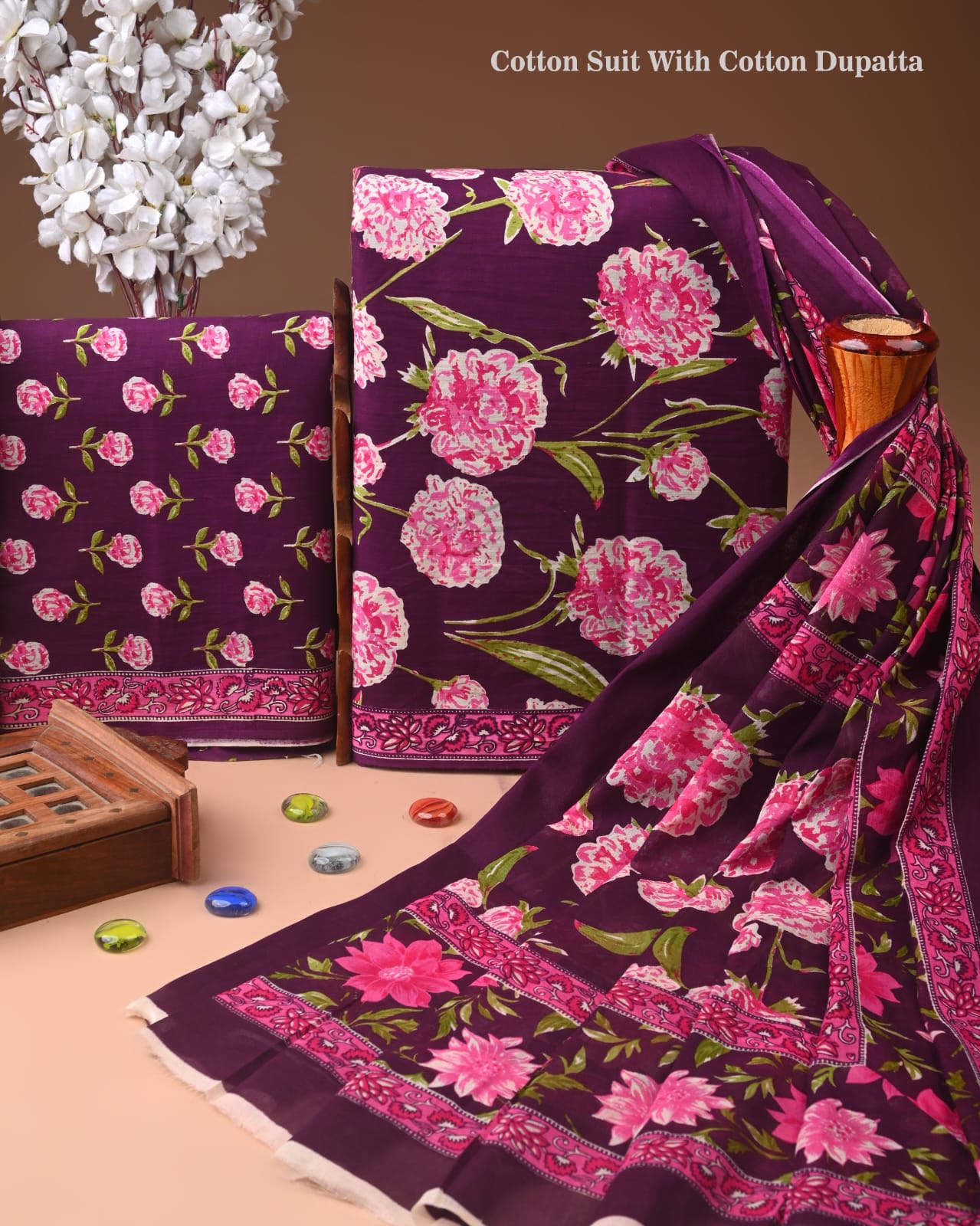Designer Hand Block Print Cotton Suit Set with Mulmul Dupatta(WACOTMU141)