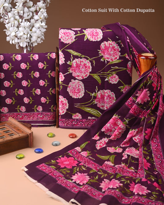 Designer Hand Block Print Cotton Suit Set with Mulmul Dupatta(WACOTMU141)