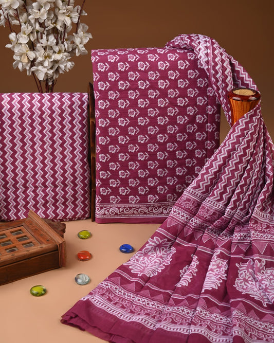 Designer Hand Block Print Cotton Suit Set with Mulmul Dupatta(WACOTMU142)