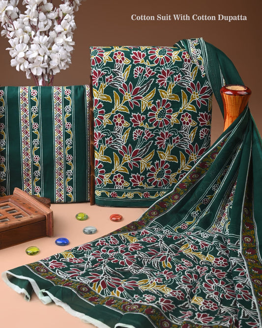 Designer Hand Block Print Cotton Suit Set with Mulmul Dupatta(WACOTMU144)