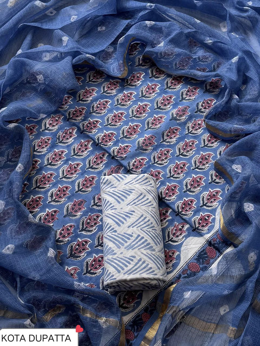 Premium Hand Block Print Cotton Suit Set with Kota Doria Dupatta(WAKOTMU01)