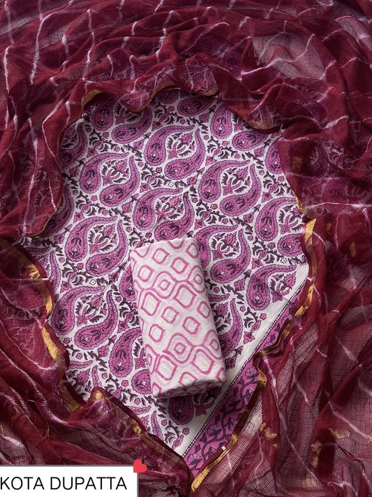 DESIGNER HAND BLOCK PRINT COTTON SUIT SET WITH KOTA DORIA DUPATTA(WAKOTMU10)