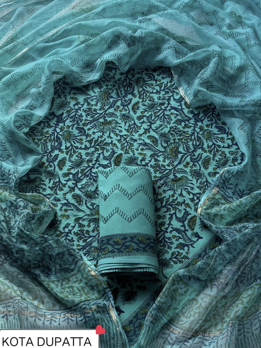 DESIGNER HAND BLOCK PRINT COTTON SUIT SET WITH KOTA DORIA DUPATTA (WAKOTMU13)