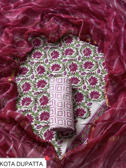 Suits Wala Hand Block Print Cotton Suit Set with Kota Doria DupattaWAKOTMU27