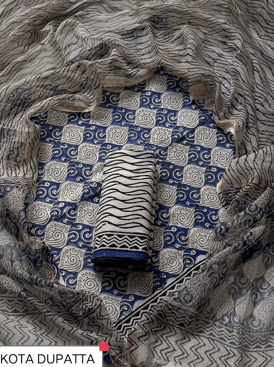 Premium Hand Block Print Cotton Suit Set with Kota Doria Dupatta WAKOTMU34