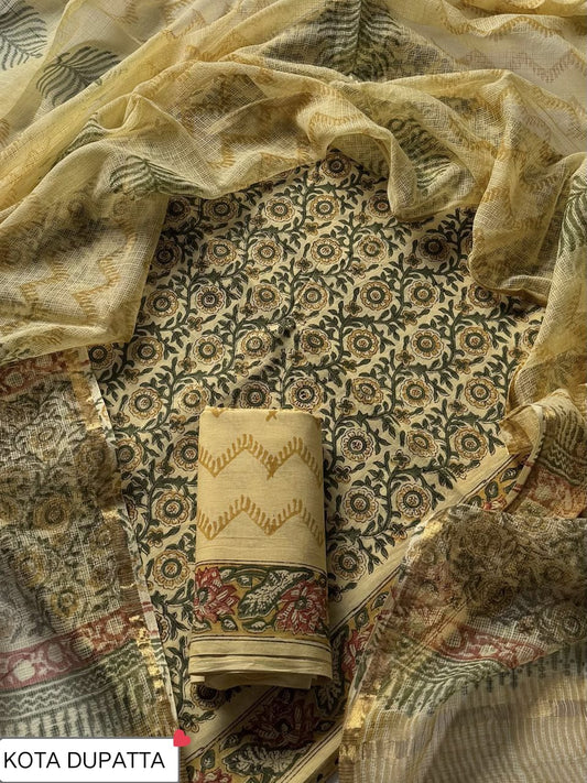 Premium Hand Block Print Cotton Suit Set with Kota Doria DupattaWAKOTMU37