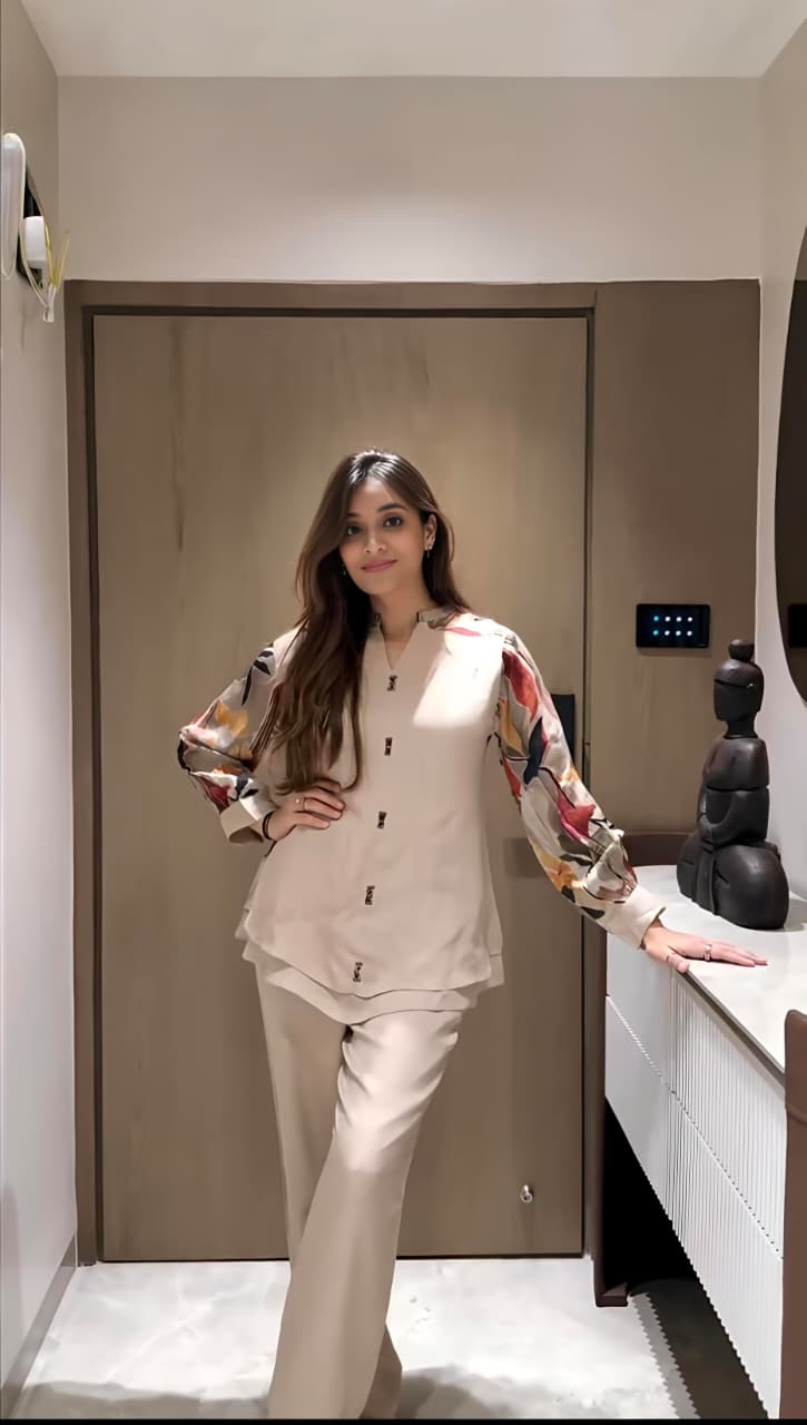 New to our smart premium woven cotton co-ord set with Beautiful Fox Georgette sleeves that's perfect for work to vacation (RD027)