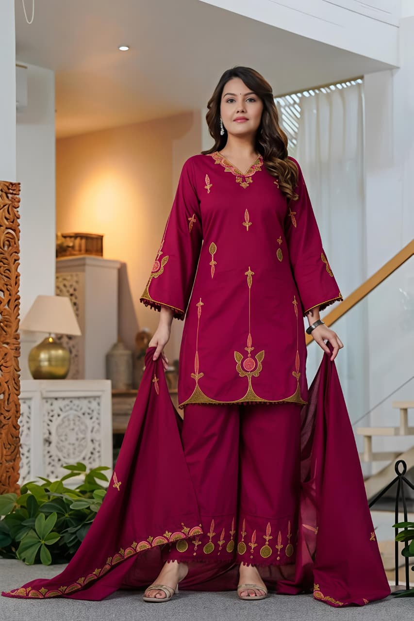 🌹🌹 fine Cotton fabric with beautiful embroidery on neck, sleeves, Kurti with embroidered plazo with both side pockets on pant🌹🌹SWSK56)