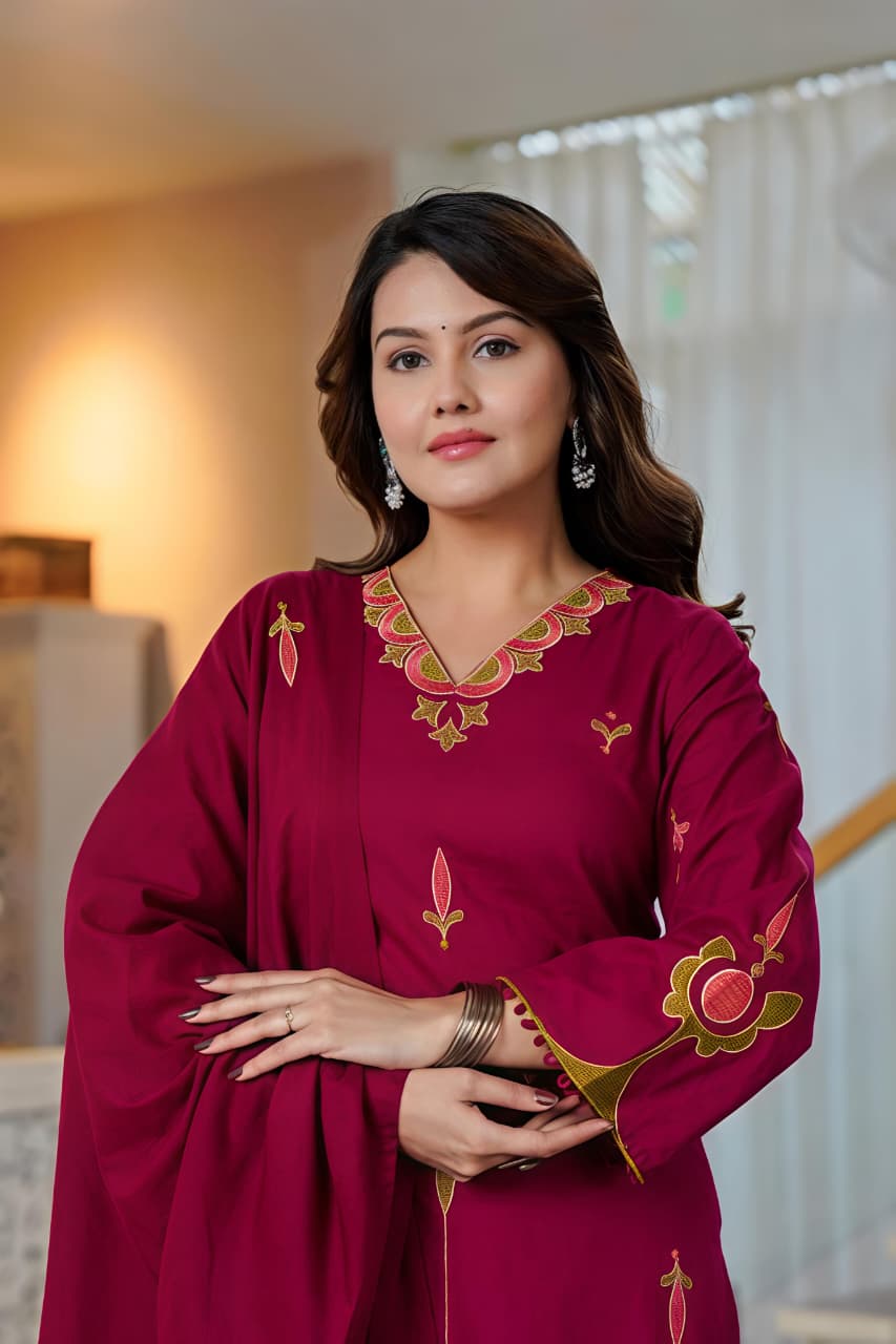 🌹🌹 fine Cotton fabric with beautiful embroidery on neck, sleeves, Kurti with embroidered plazo with both side pockets on pant🌹🌹SWSK56)
