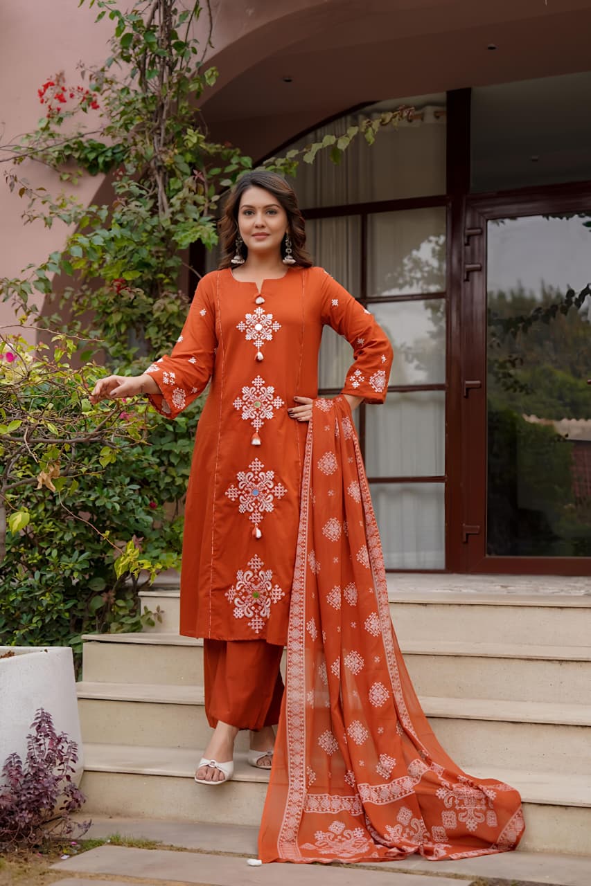 fine Cotton fabric with beautiful embroidery on neck, sleeves, Kurti with plazo with one side pockets on pant(SWSK57)