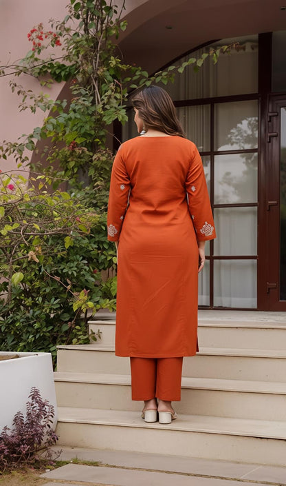 fine Cotton fabric with beautiful embroidery on neck, sleeves, Kurti with plazo with one side pockets on pant(SWSK57)