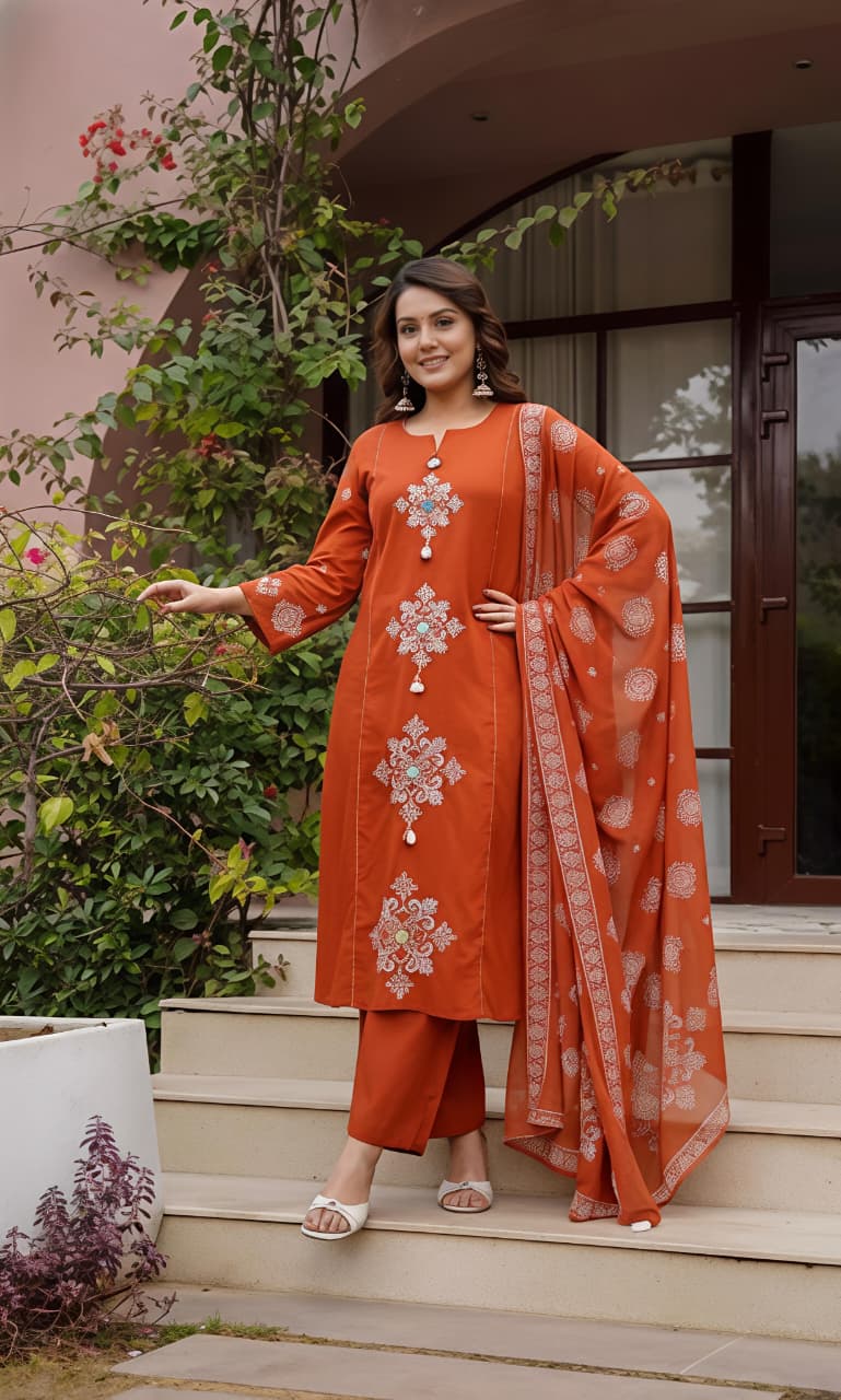 fine Cotton fabric with beautiful embroidery on neck, sleeves, Kurti with plazo with one side pockets on pant(SWSK57)