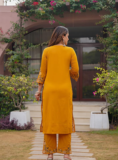 🌹🌹 fine Cotton fabric with beautiful embroidery on neck, sleeves, Kurti with embroidered plazo with one side pockets on pantSWSK58)