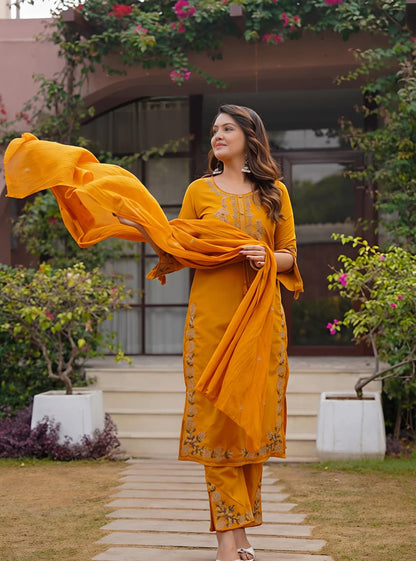 🌹🌹 fine Cotton fabric with beautiful embroidery on neck, sleeves, Kurti with embroidered plazo with one side pockets on pantSWSK58)