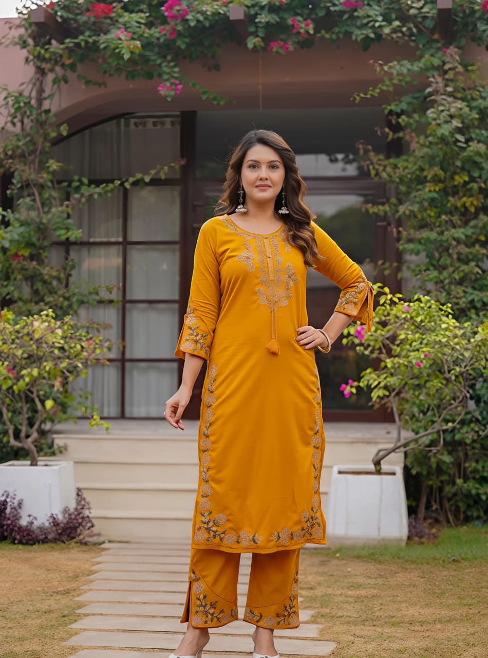 🌹🌹 fine Cotton fabric with beautiful embroidery on neck, sleeves, Kurti with embroidered plazo with one side pockets on pantSWSK58)