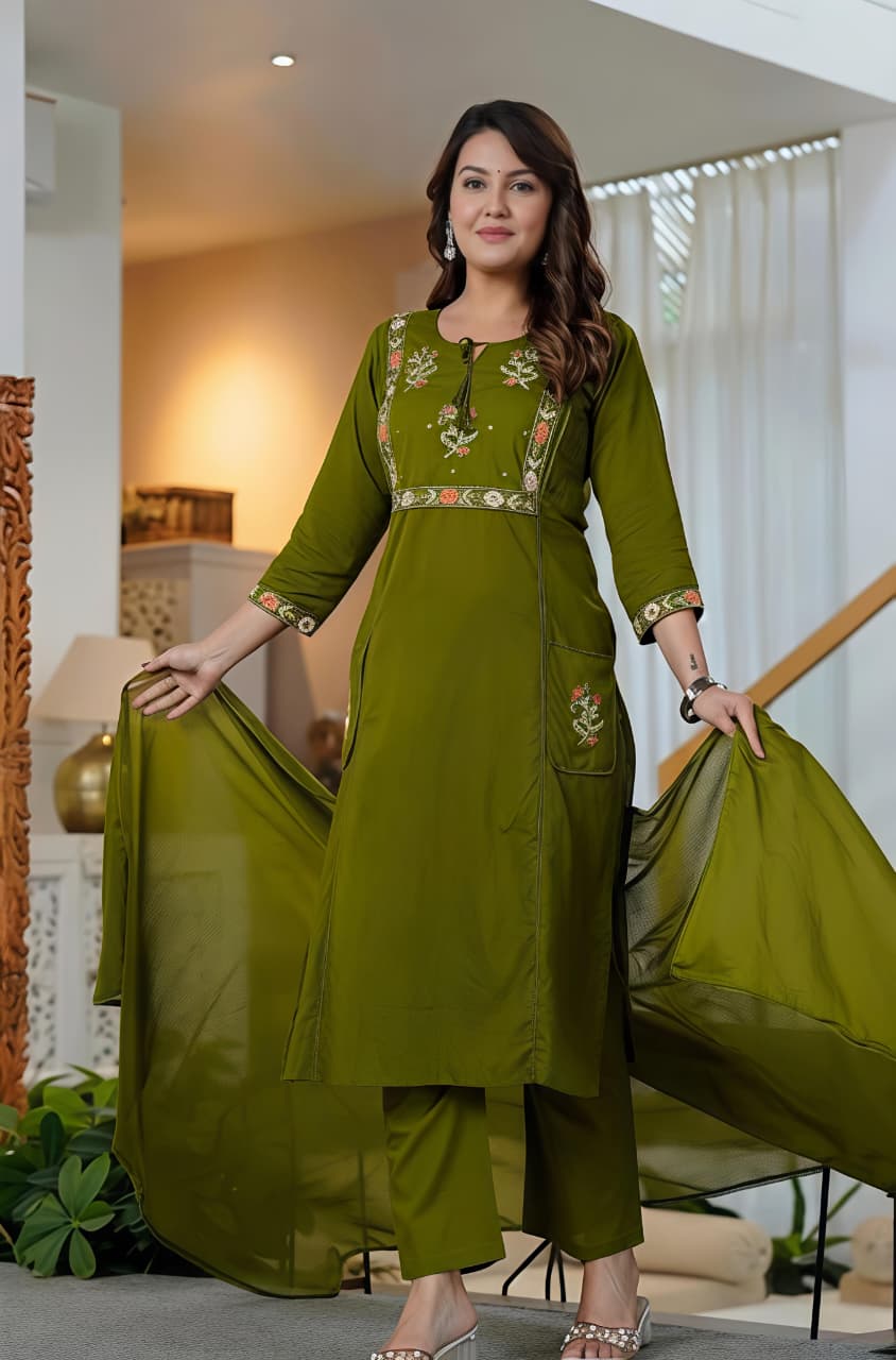 🌹🌹 fine Cotton fabric with beautiful embroidery on neck, sleeves, Kurti with plazo with one side pocket on pant🌹🌹(SWSK59)