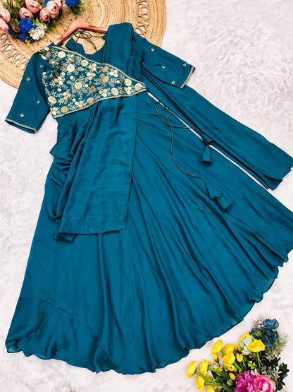 Look As Charming As  This Beautiful Unique Style Pre-Draped  Saree-anakarli With Beautiful Embroidery, Blouse Epitomizes Party-Ready Chic. (RRRD37))