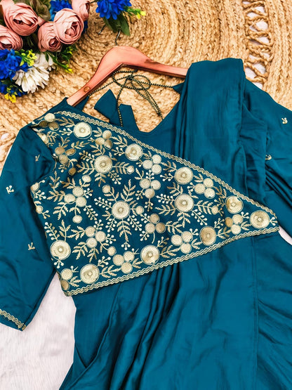 Look As Charming As  This Beautiful Unique Style Pre-Draped  Saree-anakarli With Beautiful Embroidery, Blouse Epitomizes Party-Ready Chic. (RRRD37))