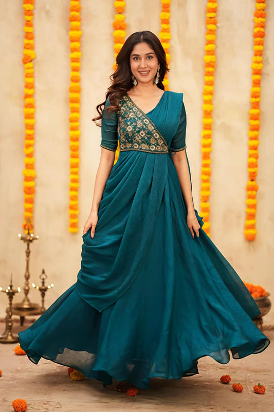 Look As Charming As  This Beautiful Unique Style Pre-Draped  Saree-anakarli With Beautiful Embroidery, Blouse Epitomizes Party-Ready Chic. (RRRD37))