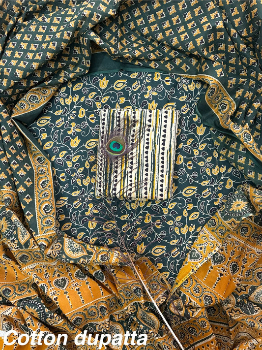 Designer Hand Block Print Cotton Suit Set with Mulmul Dupatta(WACOTMU132)