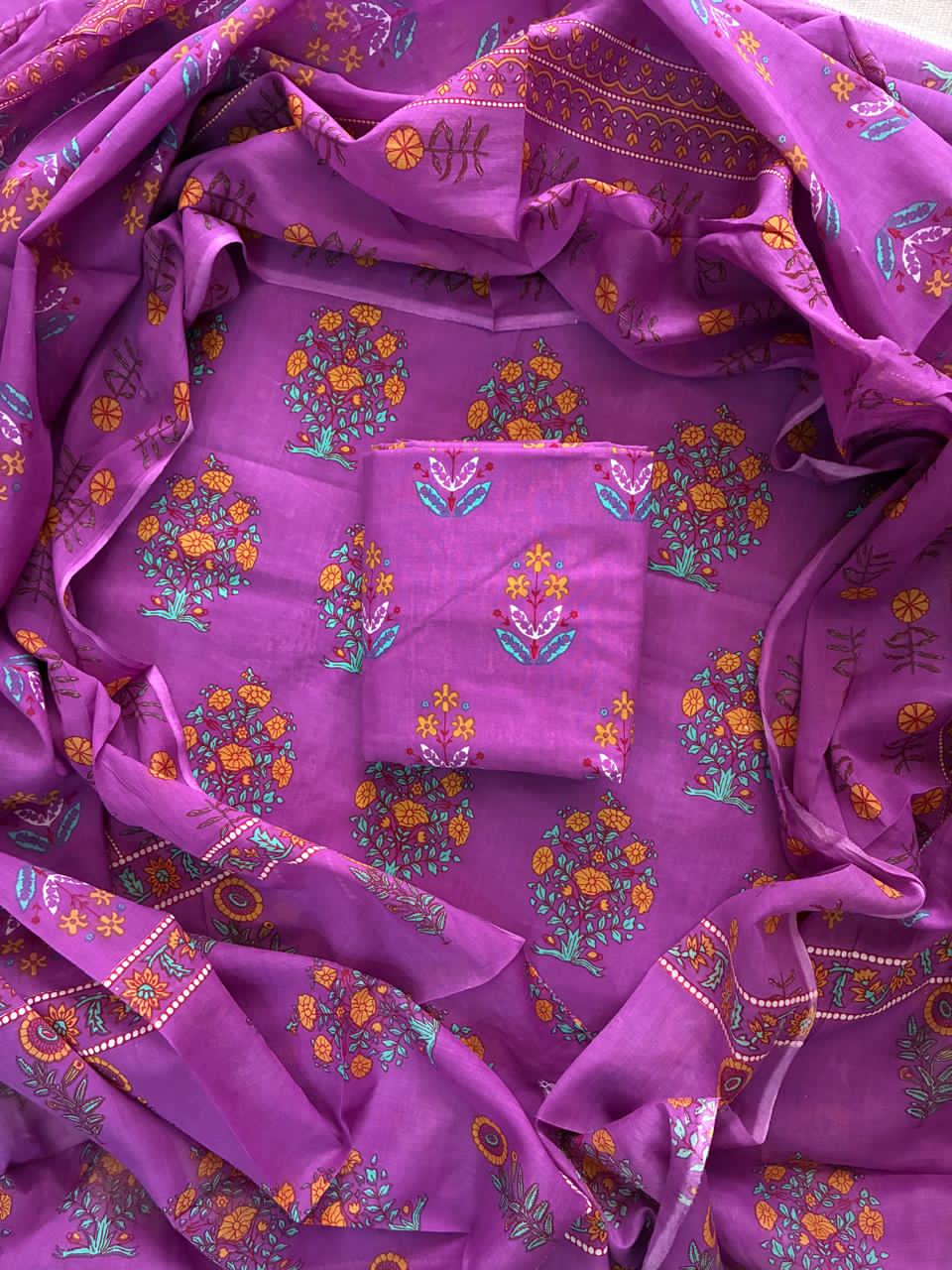 ELEGANT HAND BLOCK PRINT COTTON SUIT SET WITH MULMUL DUPATTA(WACOTMU21)