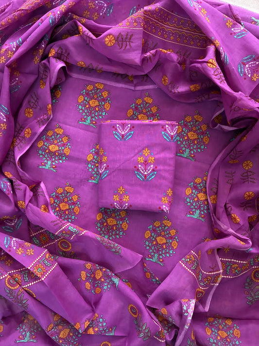 ELEGANT HAND BLOCK PRINT COTTON SUIT SET WITH MULMUL DUPATTA(WACOTMU21)