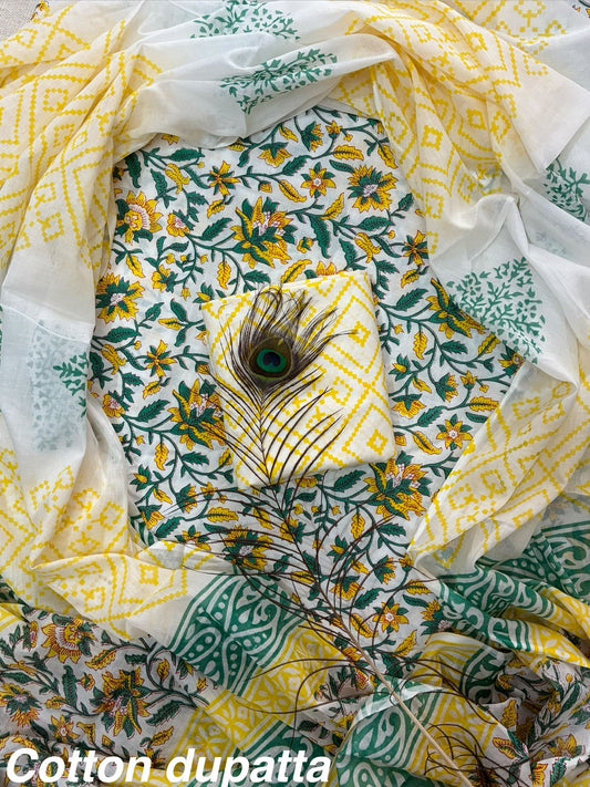 ELEGANT HAND BLOCK PRINT COTTON SUIT SET WITH MULMUL DUPATTA(WACOTMU26)