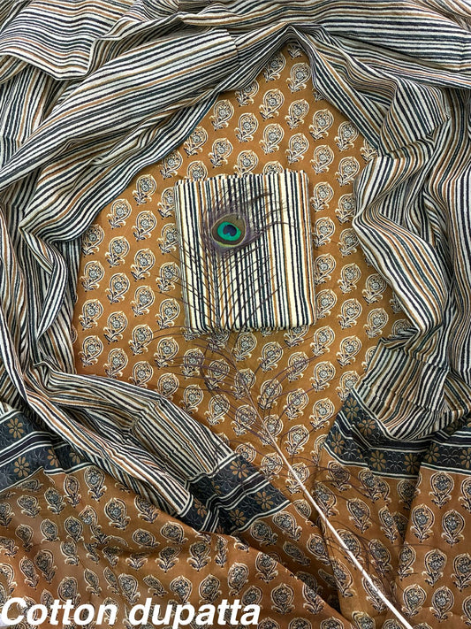 ELEGANT HAND BLOCK PRINT COTTON SUIT SET WITH MULMUL DUPATTA(WACOTMU38)